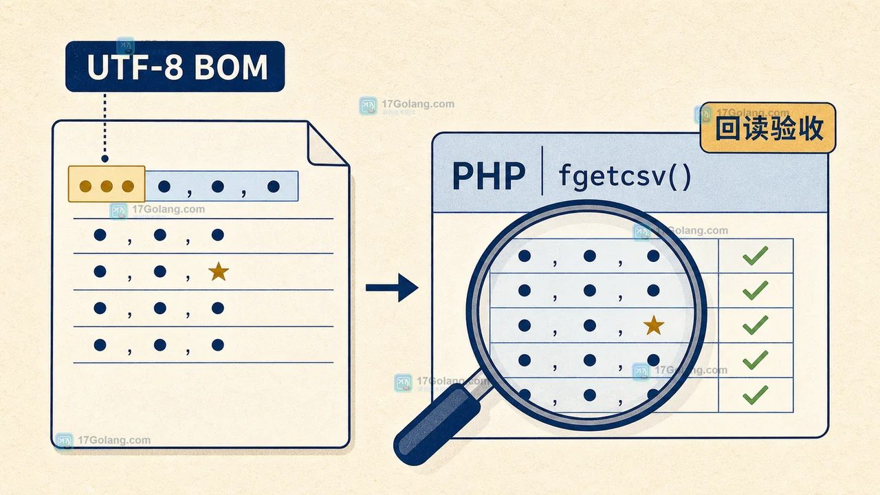 UTF-8 BOM 与 PHP CSV 回读验收的关系示意图