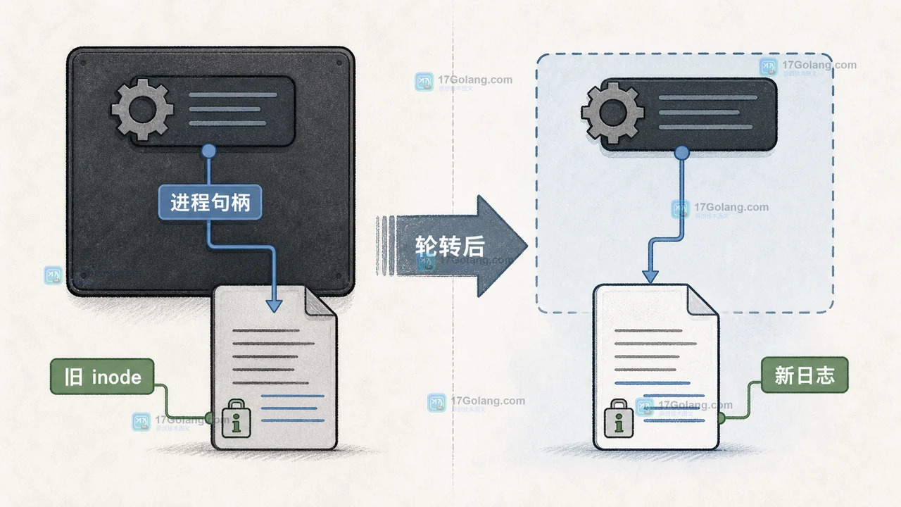Linux 日志轮转后旧文件 inode 与新日志路径的关系示意图
