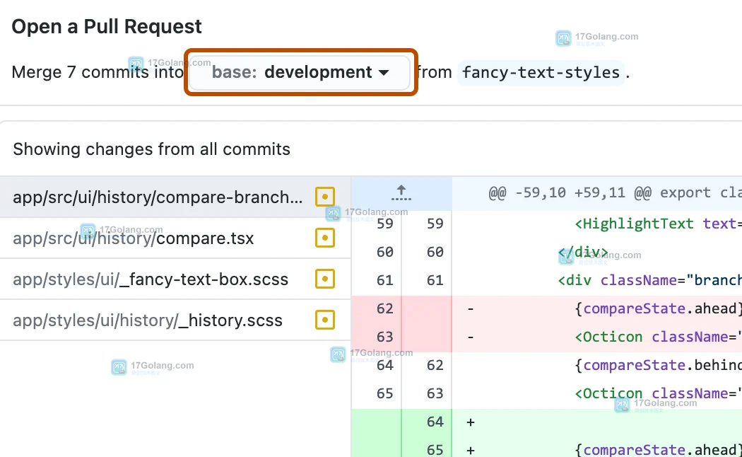 GitHub Desktop Pull Request 预览窗口中的 base 分支选择器