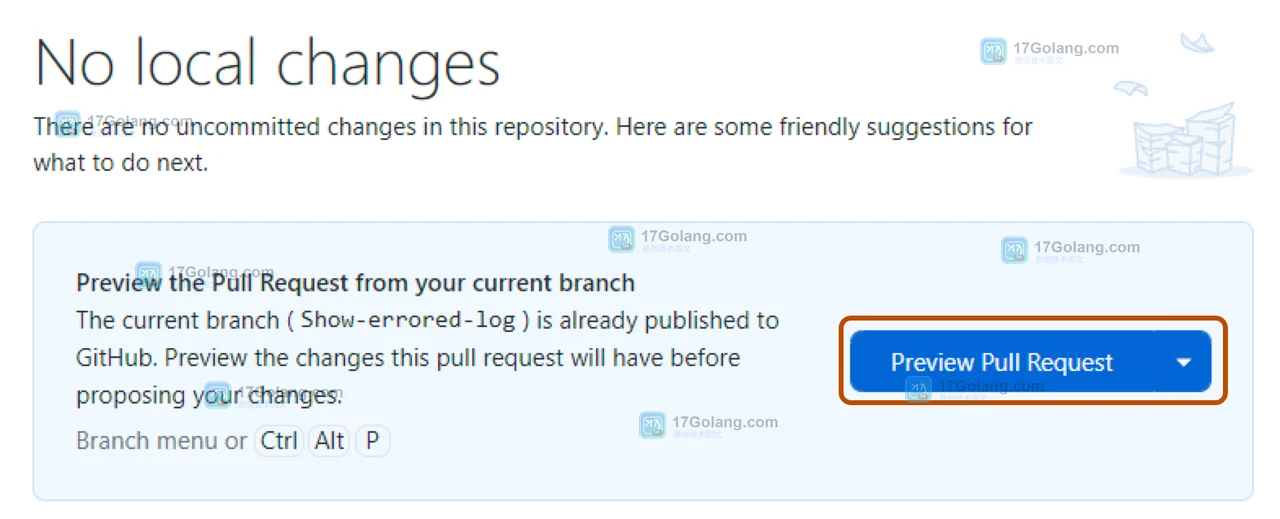 GitHub Desktop Windows 界面中的 Preview Pull Request 入口，用于检查当前分支改动