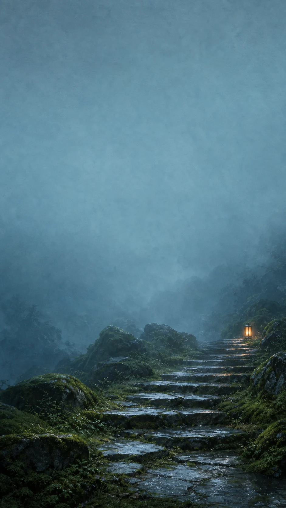 雨后苔藓石阶与右下纸灯笼的竖屏手机壁纸主图,上方保留锁屏留白
