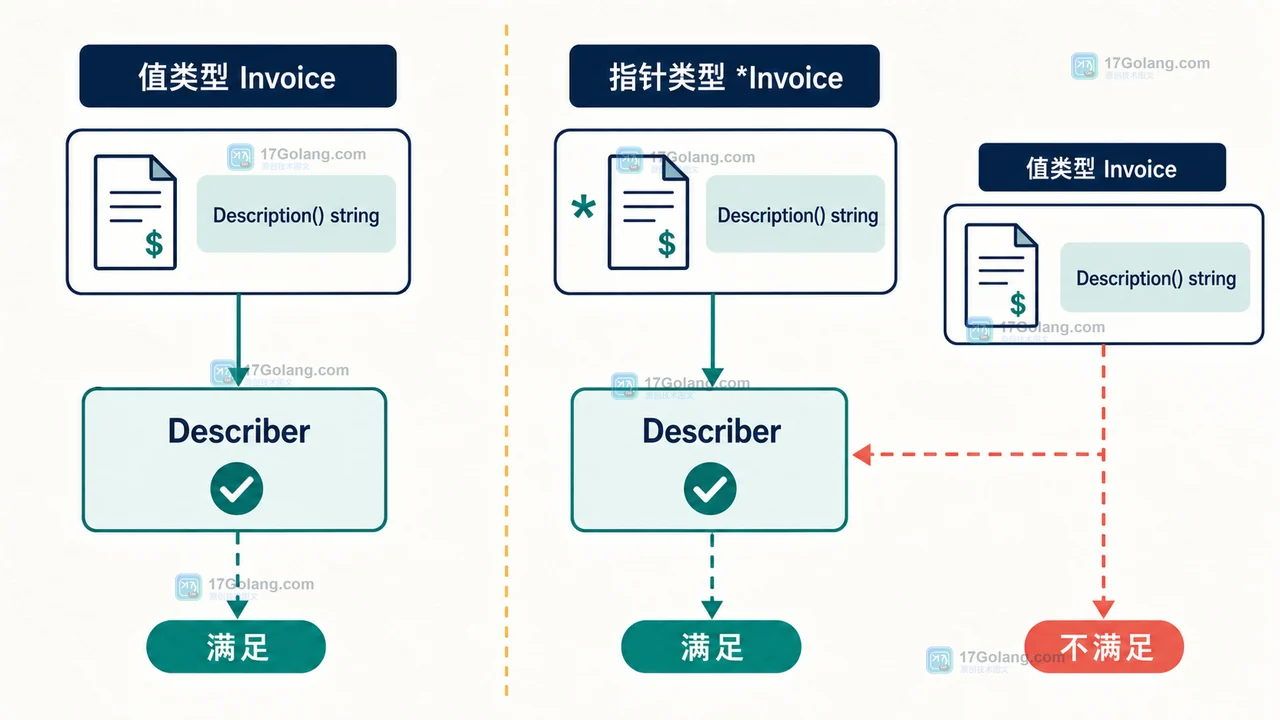 Go 值类型与指针类型方法集满足泛型接口约束的对比示意图