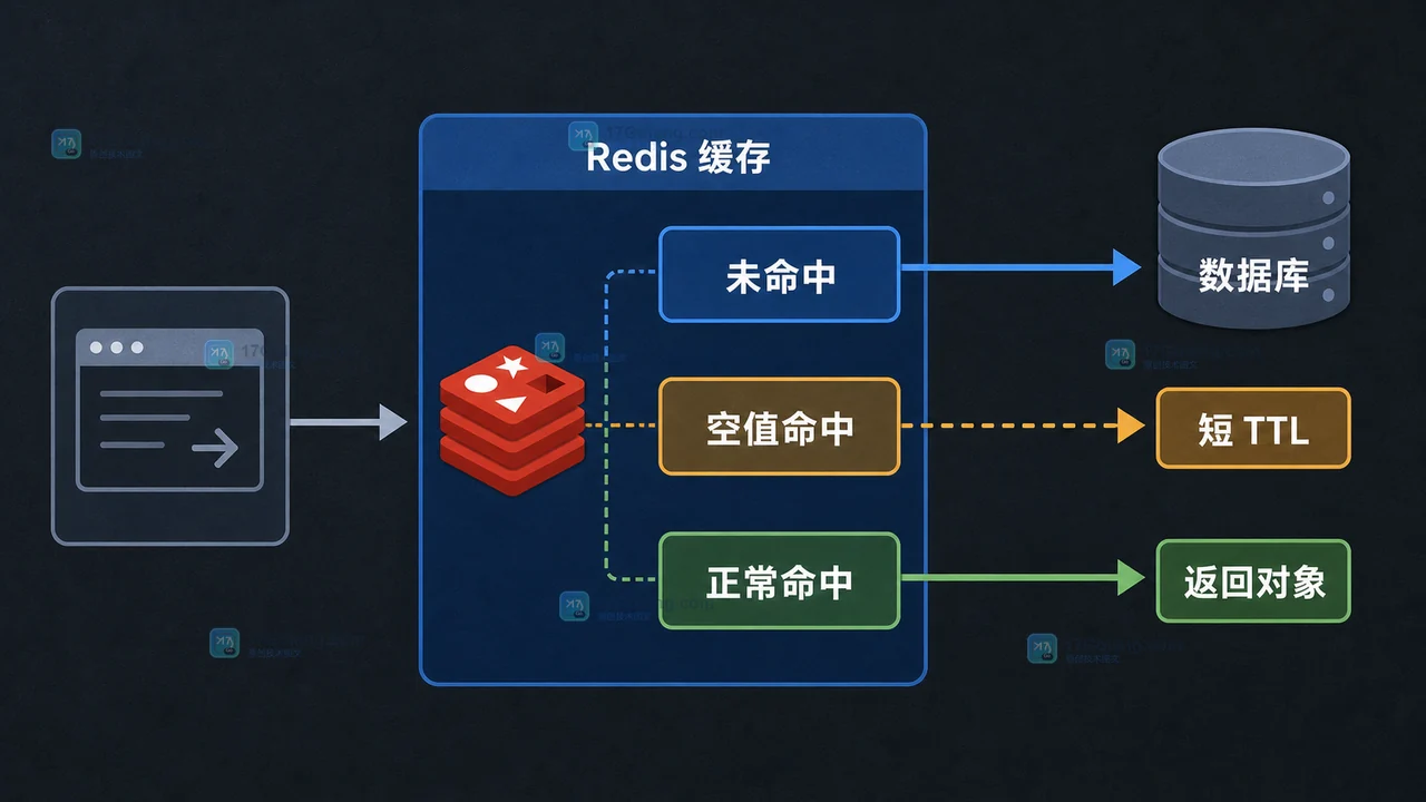 Redis 缓存空值保护的命中、空值命中与数据库回源分流示意图