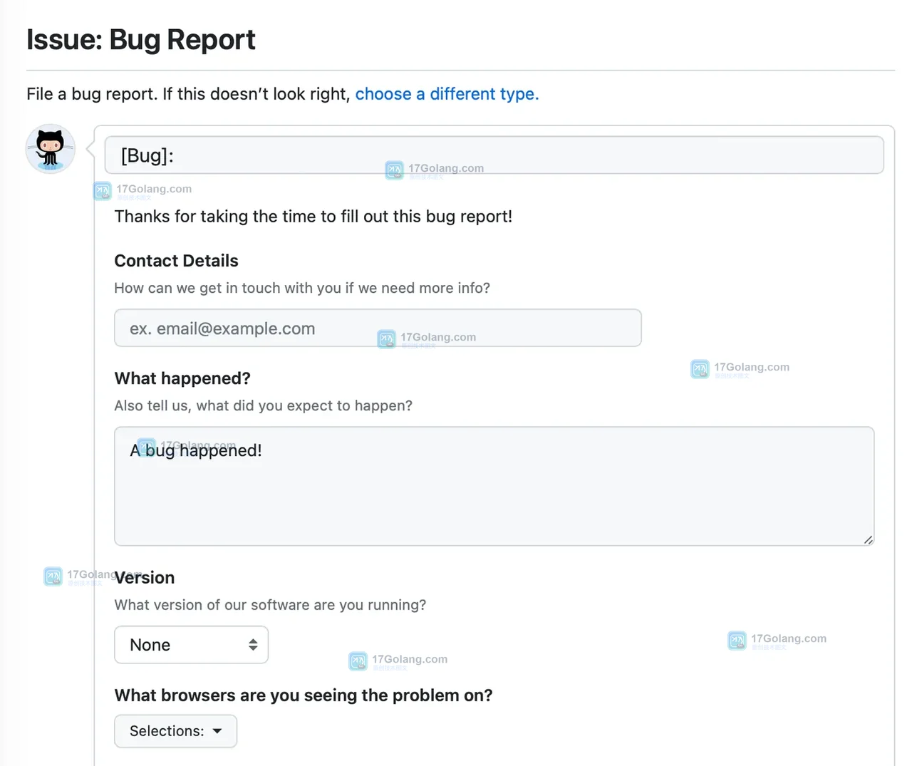 GitHub 官方文档中的 Issue form 渲染界面截图