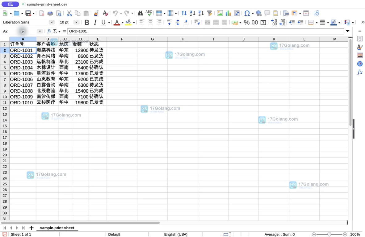 LibreOffice Calc 选中 B2 后准备冻结首行和首列的工作表界面
