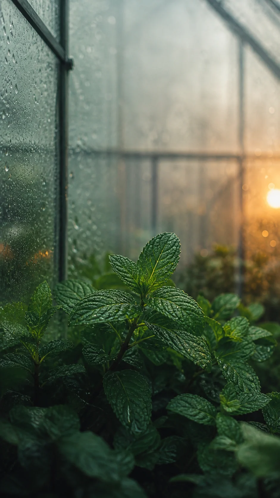 雨后玻璃温室中的薄荷叶与冷暖渐变光影竖屏手机壁纸预览