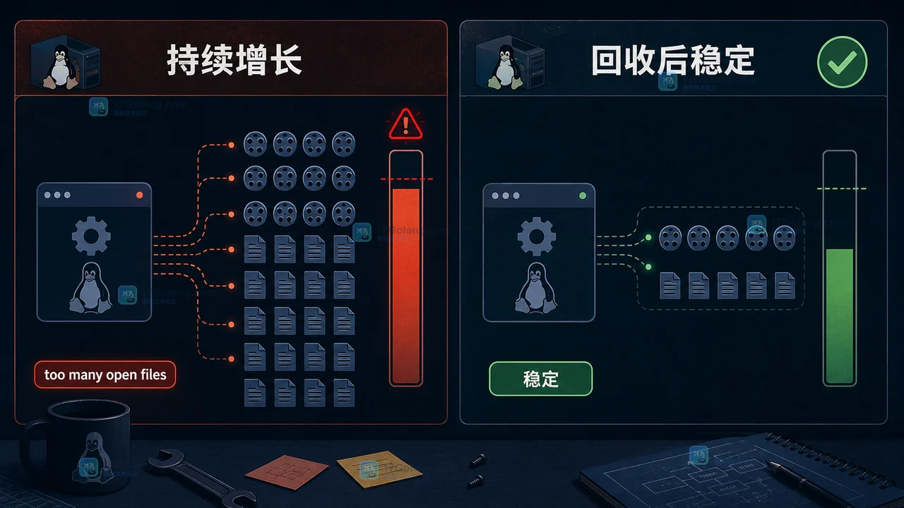 Linux 服务文件描述符从连接持续增长到回收后稳定的前后对照