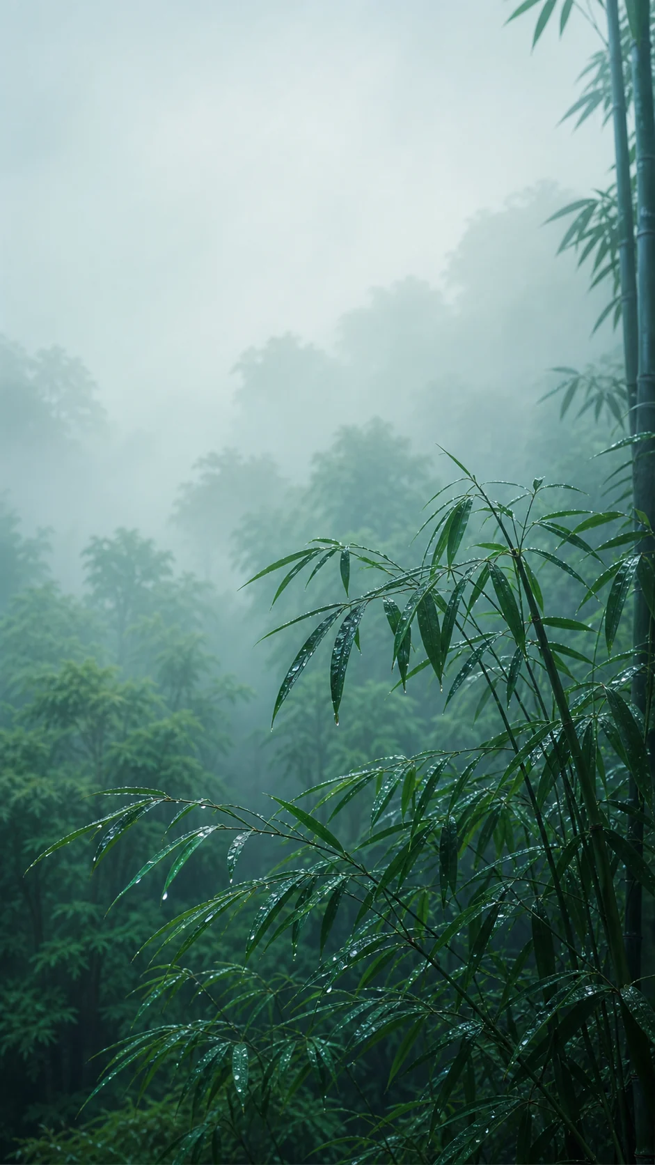 雨后竹林青绿色手机锁屏主壁纸,上方留白,竹叶水珠和柔和光斑集中在下半部