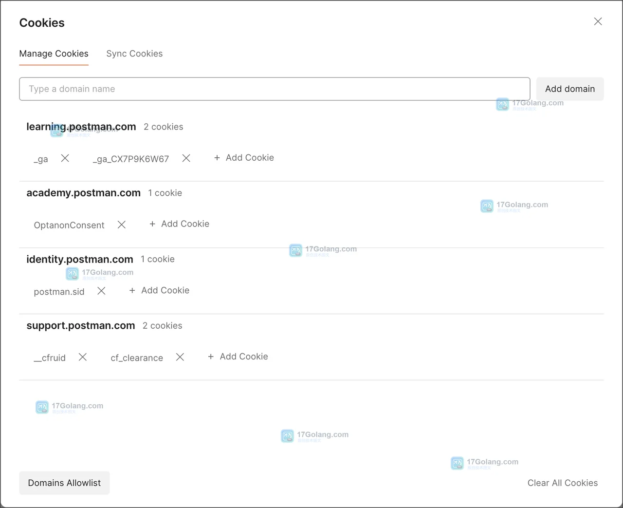 Postman Cookies 管理窗口按域名查看 Cookie，核对 Domain、Path、Secure 和过期时间