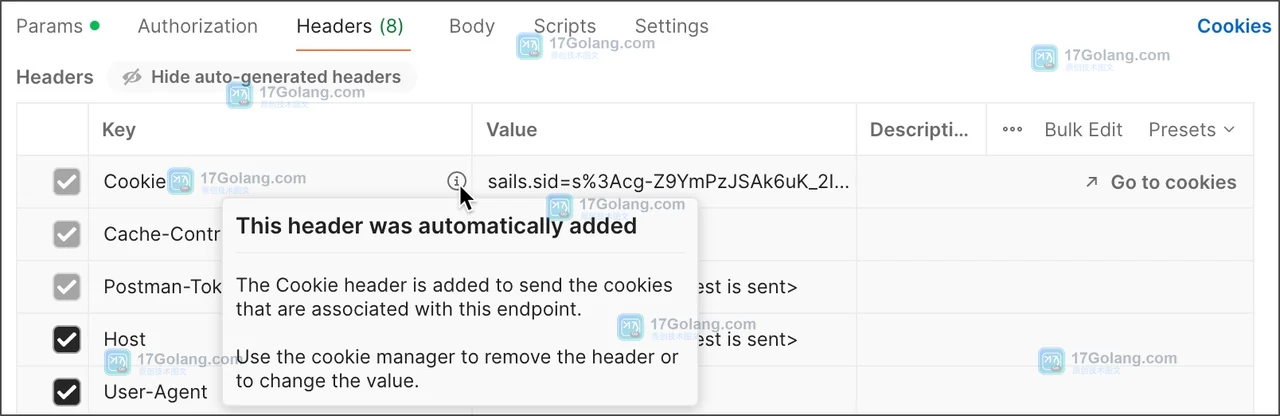 Postman 请求 Headers 中显示自动生成 Cookie，结合响应 Set-Cookie 核对会话是否发送