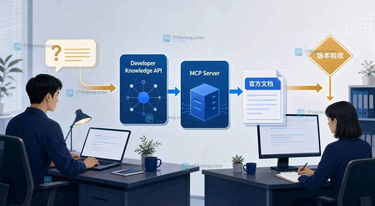 Google Developer Knowledge API 与 MCP Server 从问题检索到版本验收的开发代理链路示意图