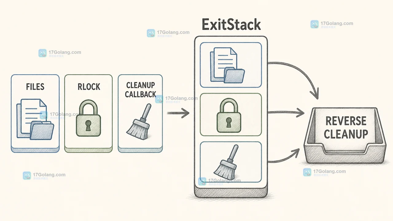 ExitStack 将动态文件和锁登记到资源栈，并按逆序完成清理