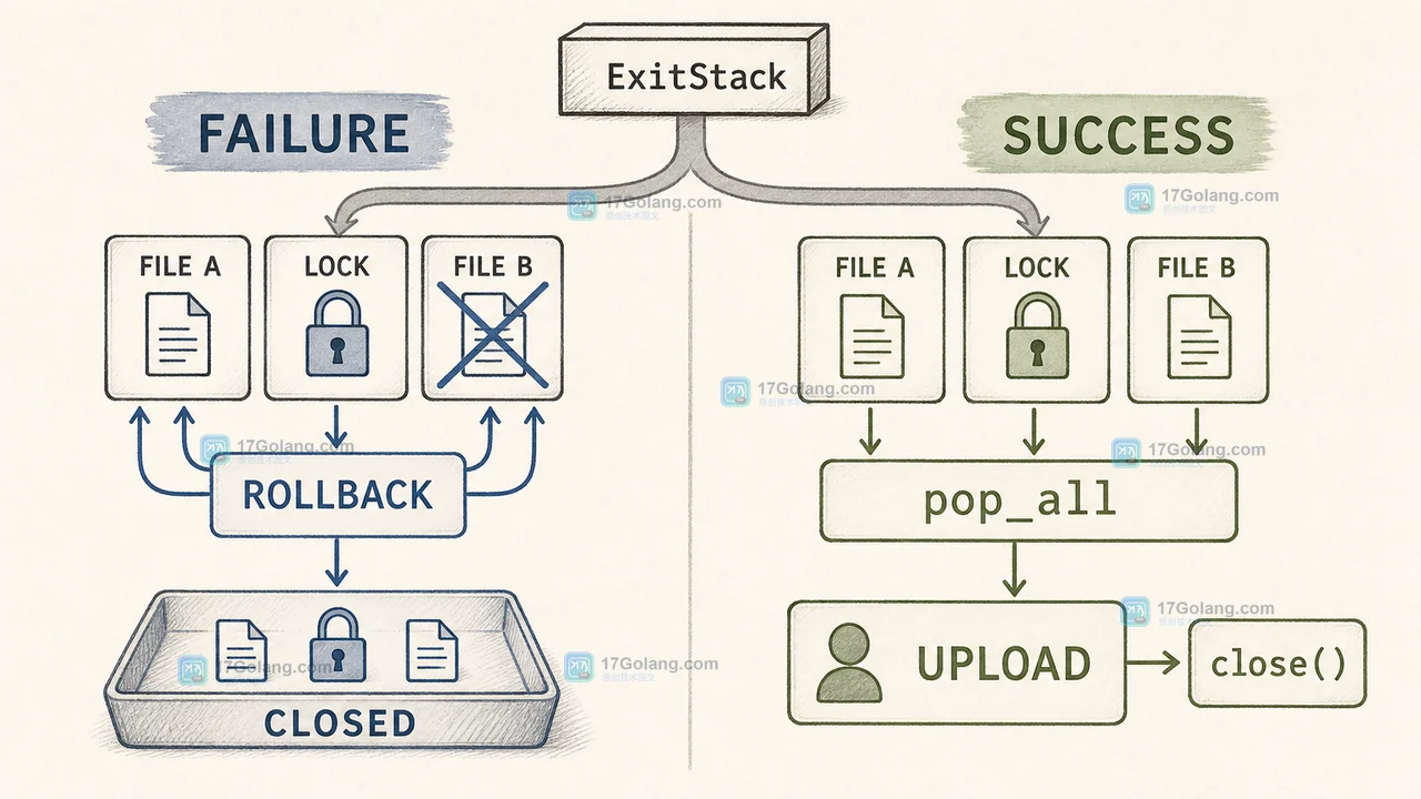 ExitStack 在失败路径逆序回滚，在成功路径通过 pop_all 转移清理责任