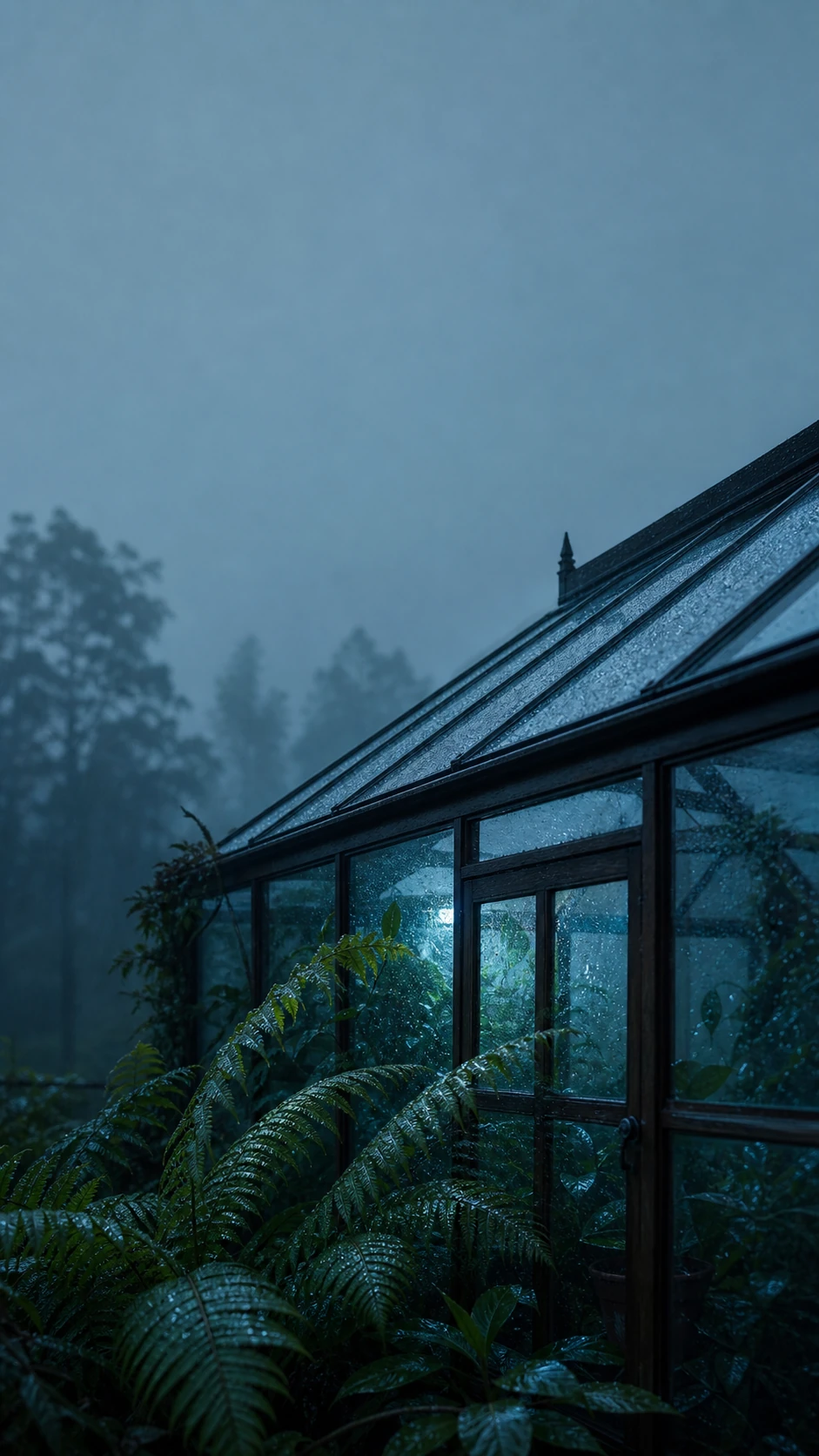 蓝绿色夜雨玻璃花房竖屏手机壁纸,顶部保留冷色雾面留白