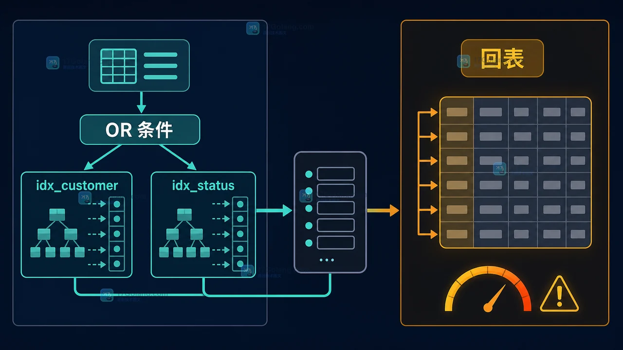 MySQL OR 条件触发两个单列索引扫描并产生合并回表成本的订单查询示意图