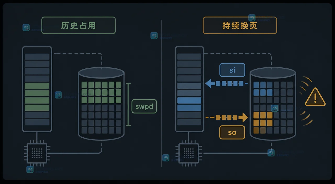 Linux swap 历史占用与持续换页的对照:swpd 保持不变时 si 和 so 接近零,持续换页时两者连续增长