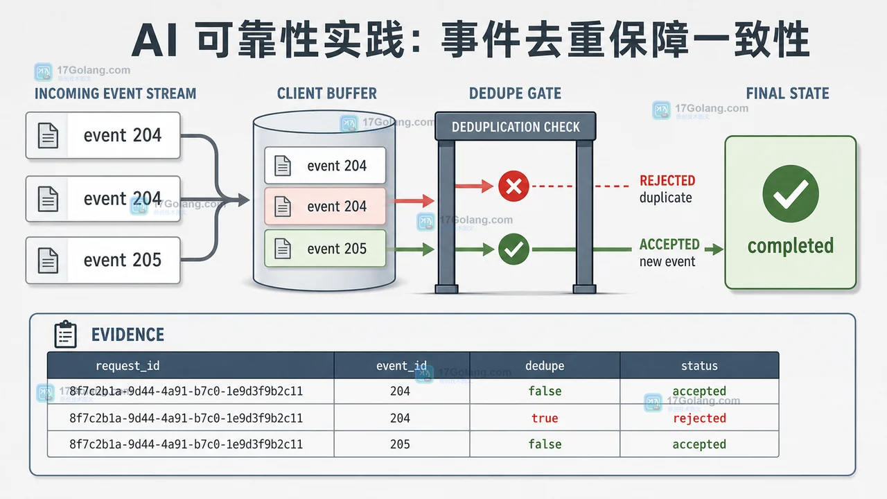 AI 流式事件按序号去重并收口 completed 状态的工程示意图