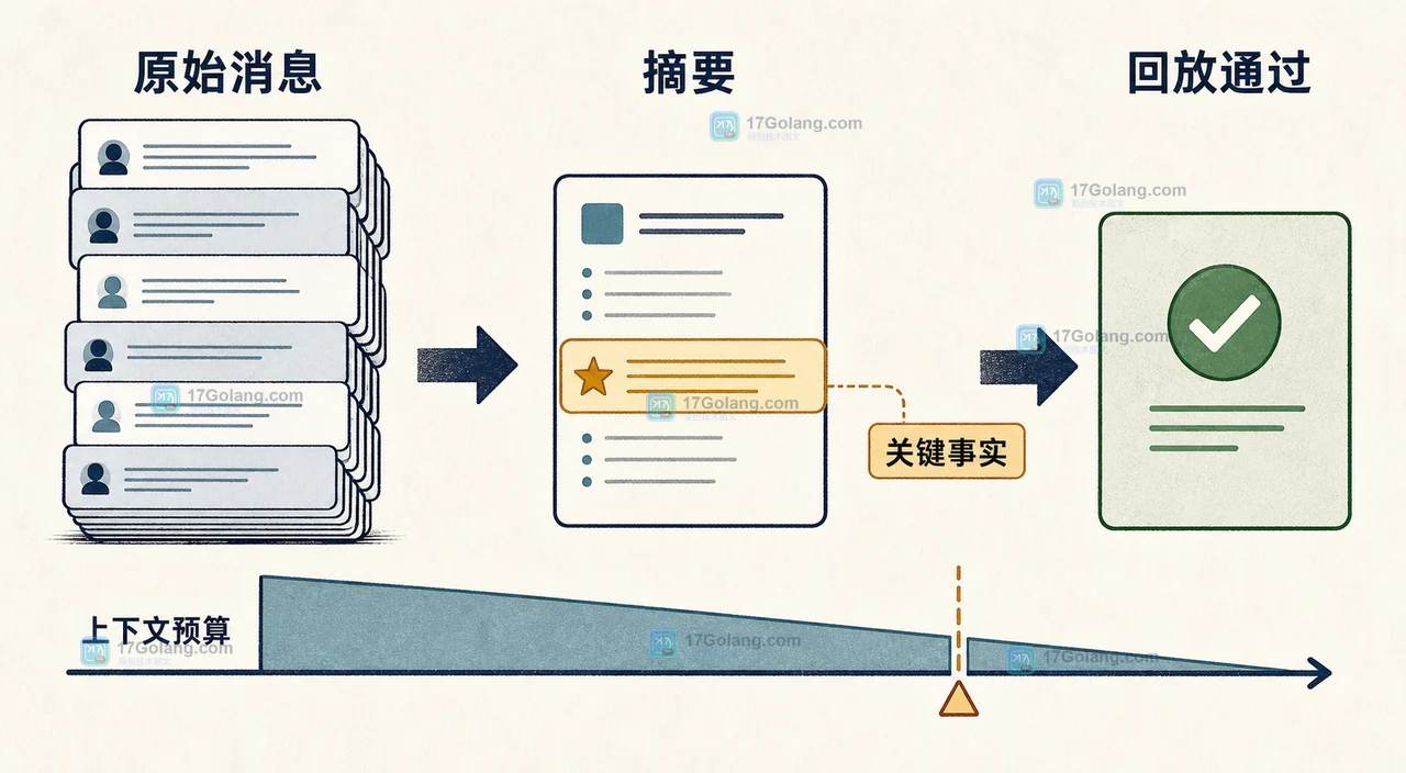 AI 多轮对话从原始消息压缩为摘要,并保留关键事实后通过回放验收的二维示意图