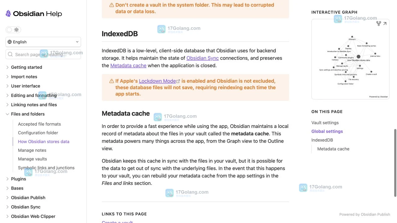 Obsidian 官方帮助页说明元数据缓存并可从文件与链接设置重建