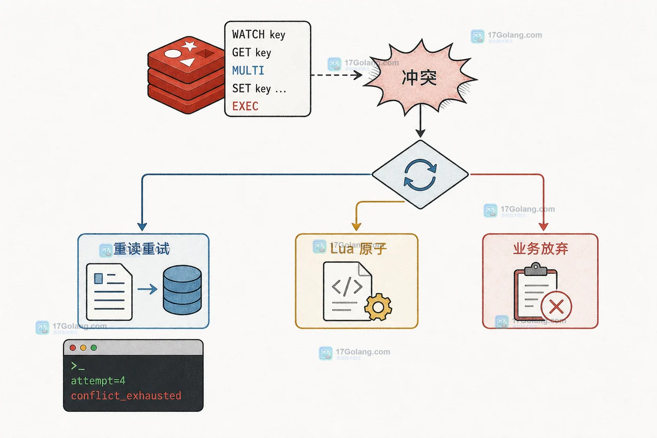 Redis WATCH 冲突后的有限重试、Lua 原子脚本与放弃分支