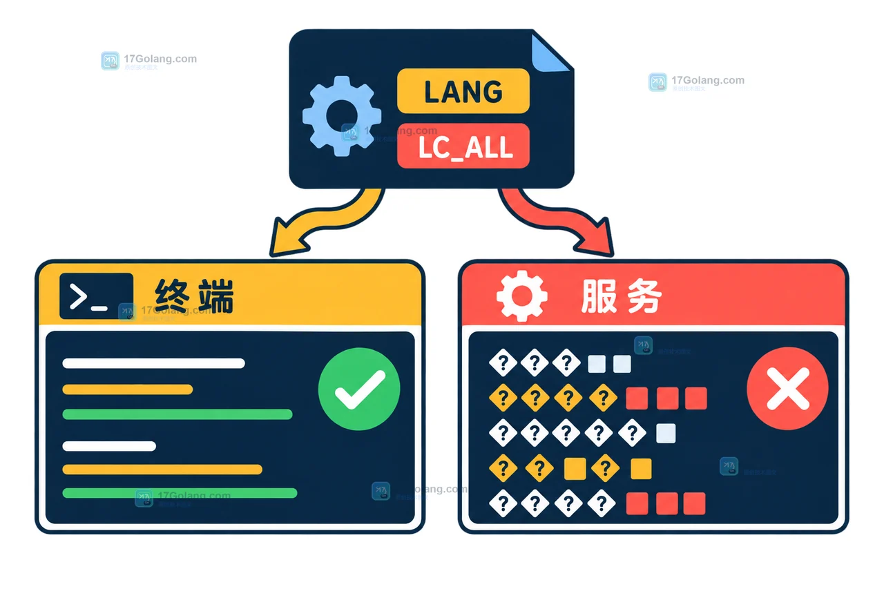 Linux 终端与 systemd 服务拿到不同 locale 环境后产生正常输出与乱码日志的对比示意