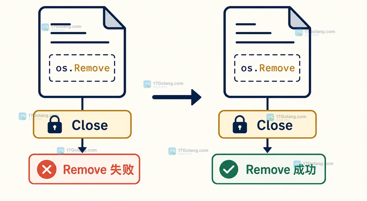 Go 临时文件先 Close 再 Remove 的失败与成功路径对照