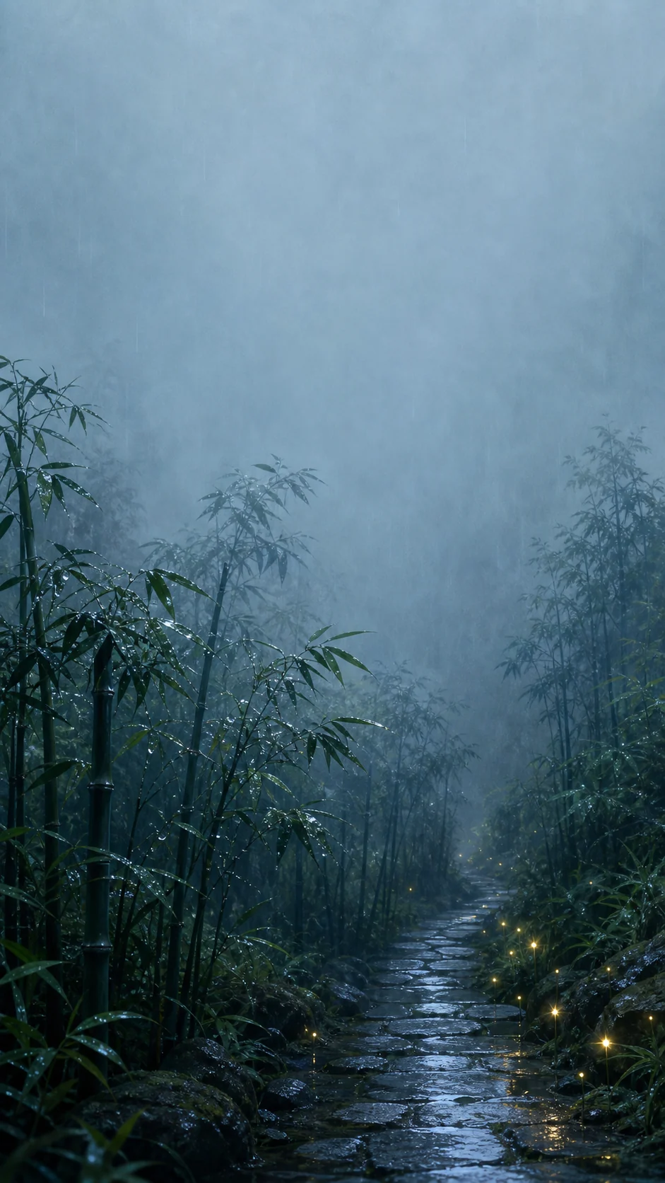 雨后竹林与右下萤火微光的竖屏手机壁纸主图，上方保留锁屏留白