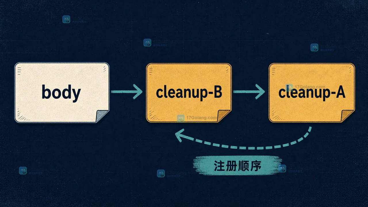 Go testing.T.Cleanup 注册顺序与后进先出清理日志证据