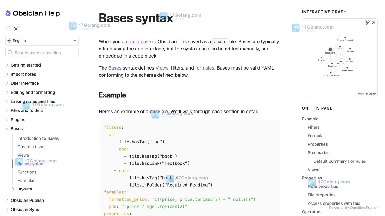 Obsidian 官方 Bases syntax 页面展示全局 filters 与 view filters 的保存结构