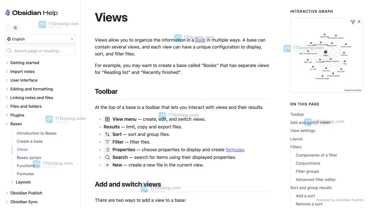 Obsidian 官方 Bases Views 页面展示视图菜单、Filter 与 Properties 入口
