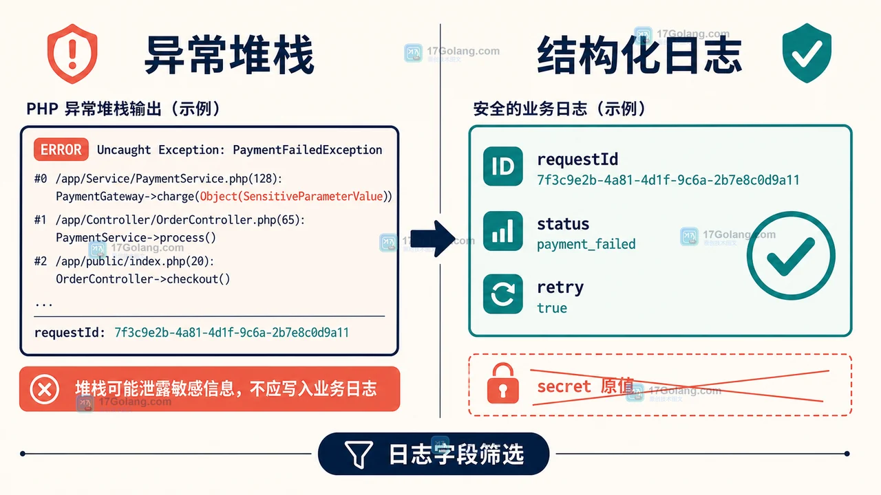 PHP 异常处理分流:堆栈保留脱敏对象,结构化日志只保留请求编号和状态信息
