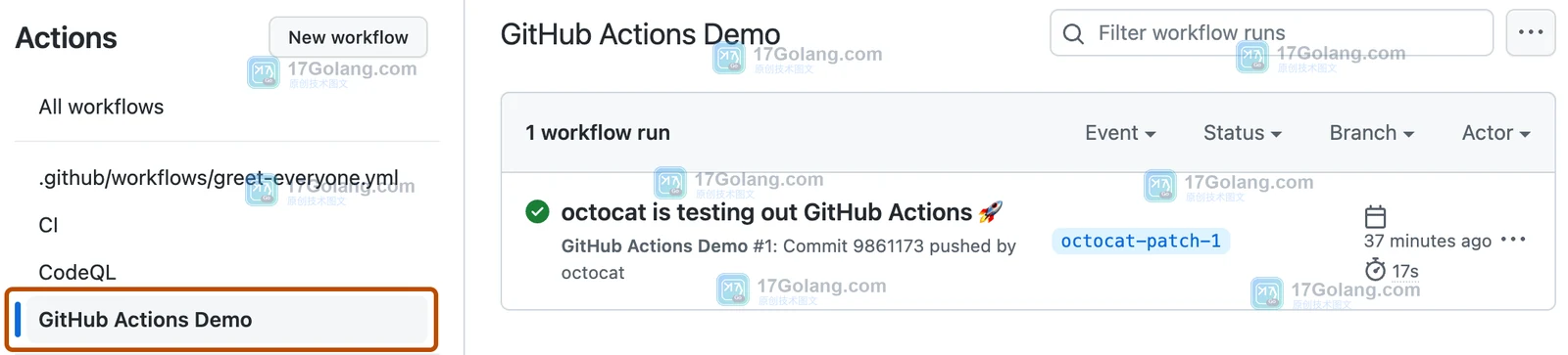 GitHub 仓库导航栏中的 Actions 入口官方截图