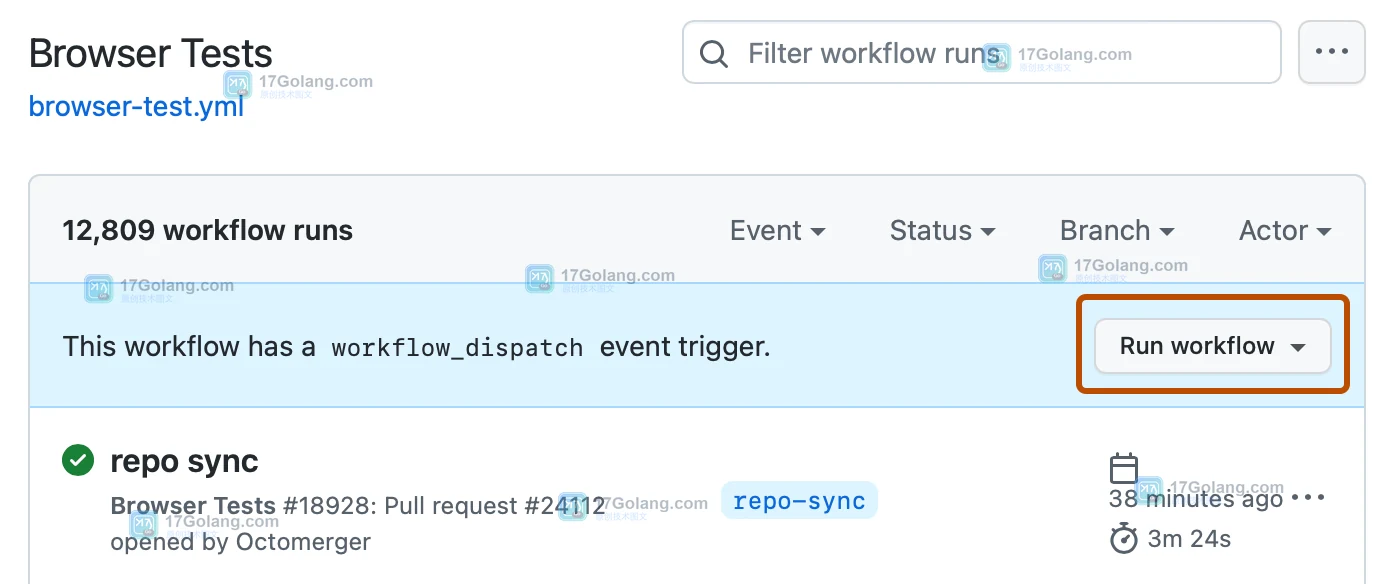 GitHub Actions 工作流页面中的 Run workflow 按钮官方截图