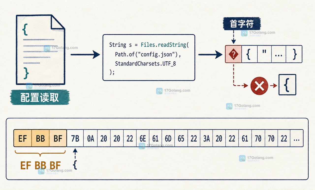 Java Files.readString 读取 UTF-8 BOM 时,EF BB BF 位于配置首字符之前并导致首字符判断失败的证据示意图