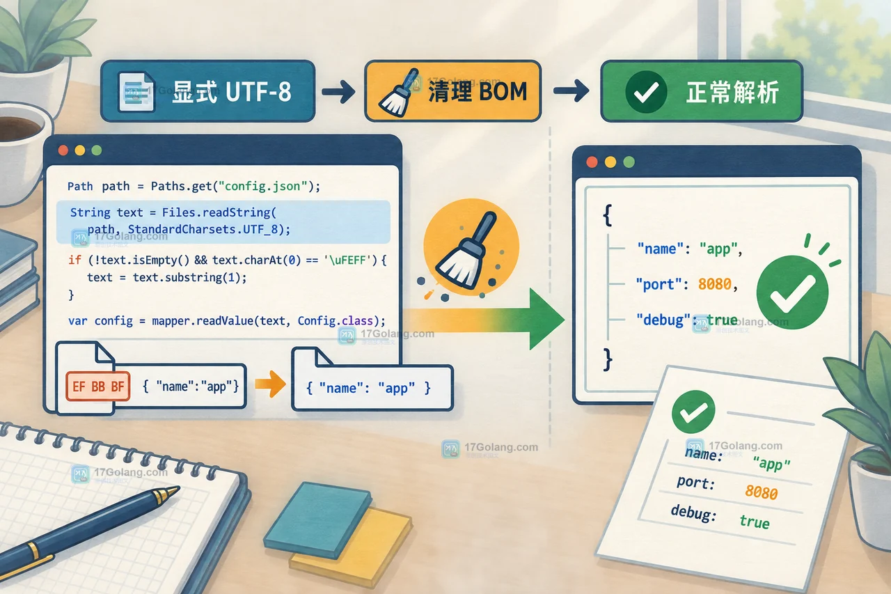 Java 显式 UTF-8 读取与首字符 BOM 清理的前后对比,最终配置正常解析