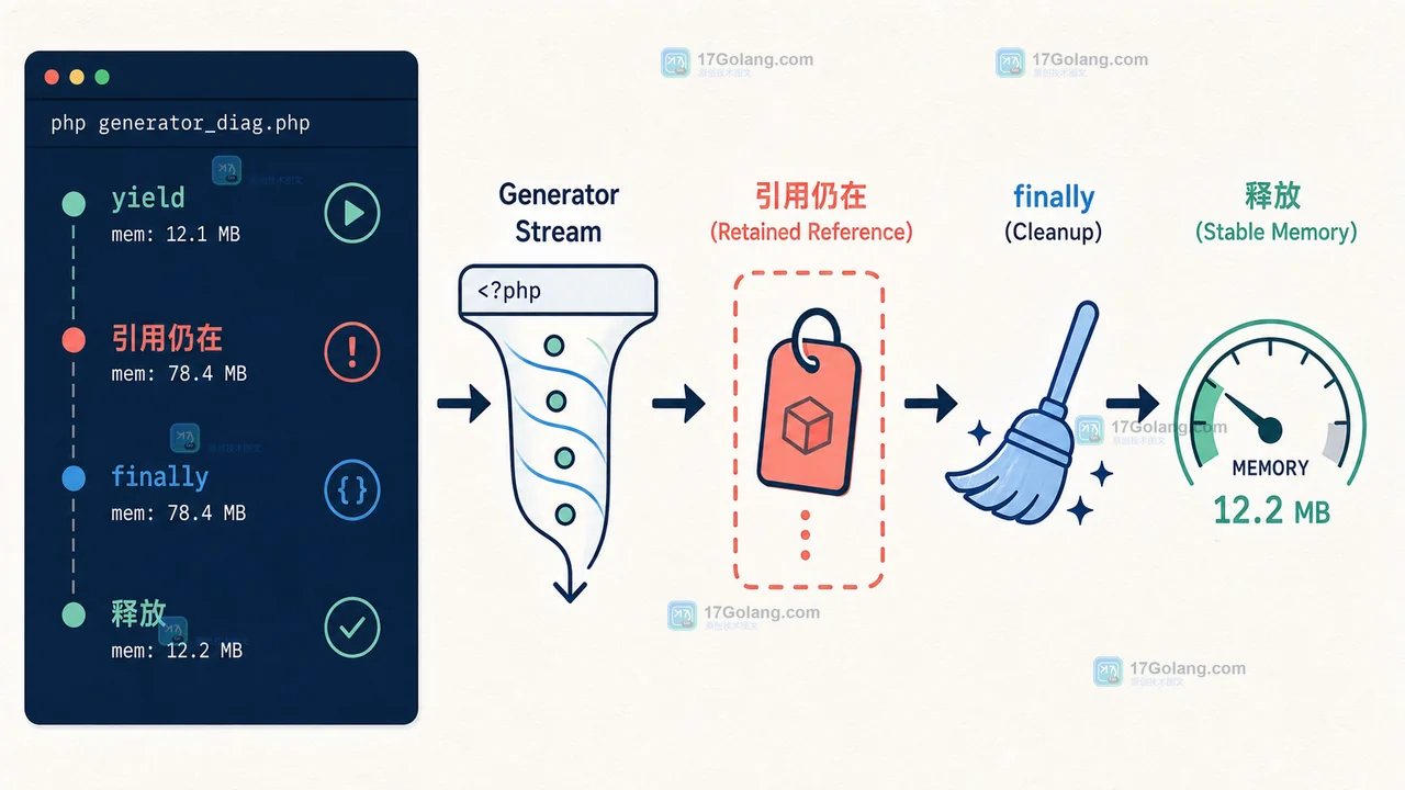 PHP Generator 消费完成后仍有引用保留，内存观察点从创建到释放的诊断示意图