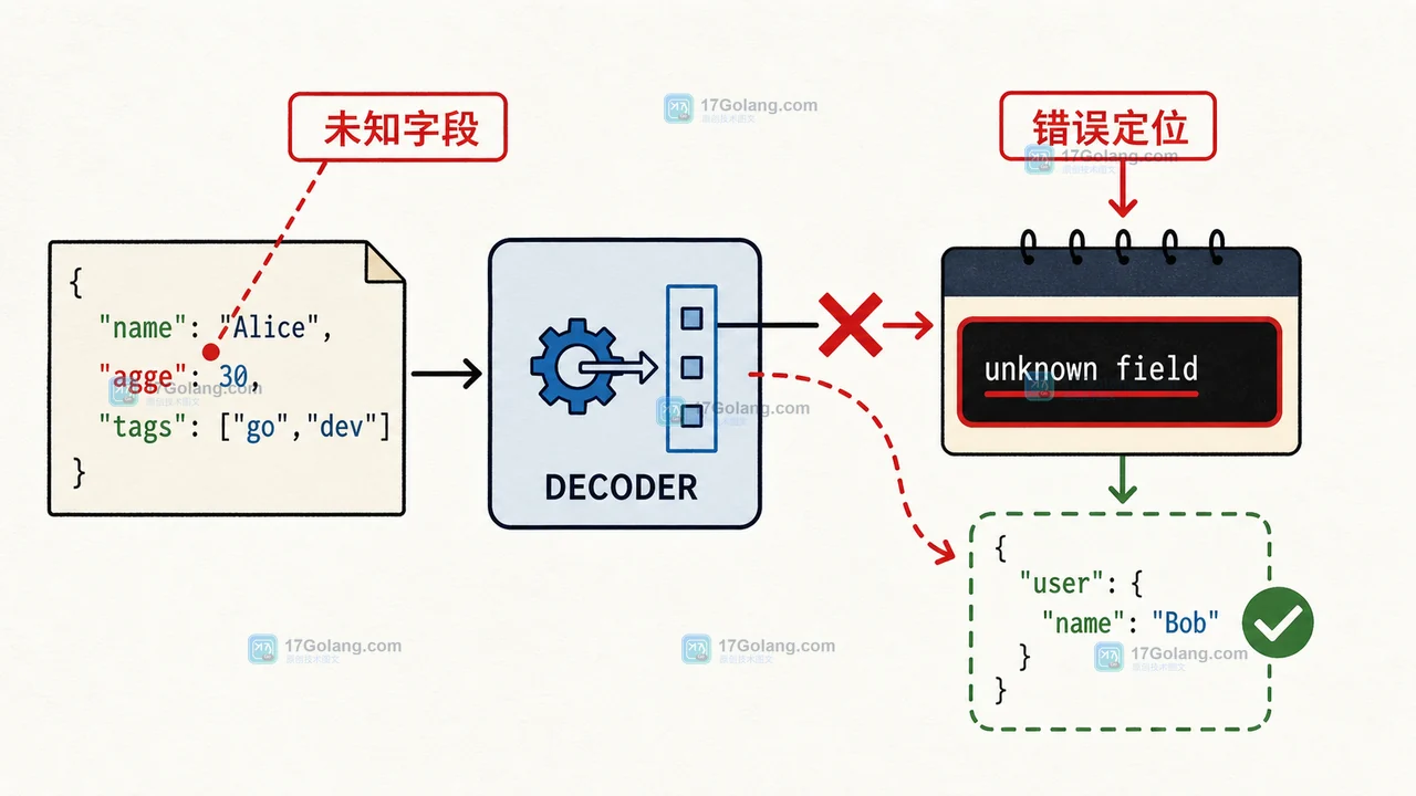 Go JSON 未知字段错误定位与测试检查示意图