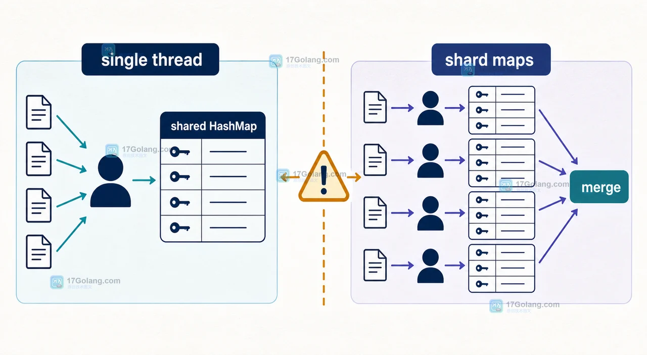 Java 批量导入中单线程 HashMap 与分片后合并的并发写入边界对照图