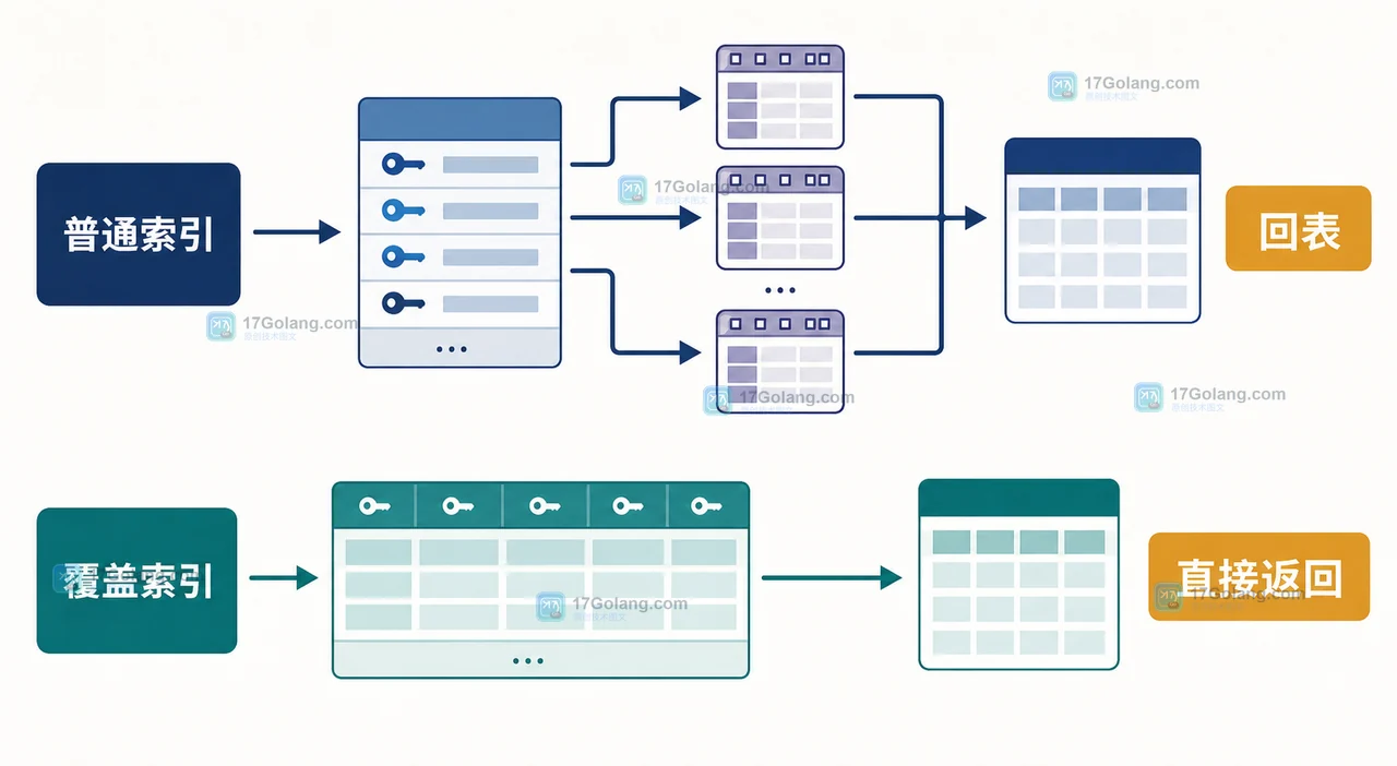 MySQL 普通二级索引回表与覆盖索引直接返回列的路径对比图