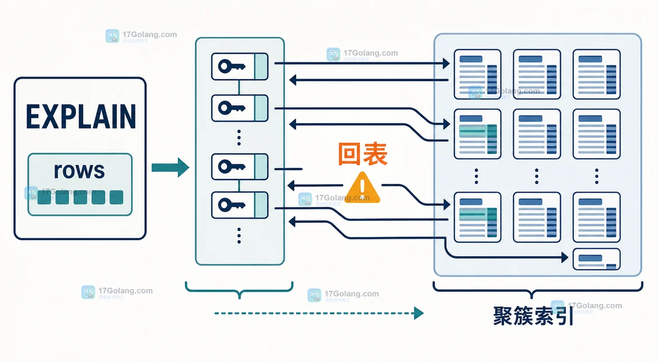MySQL EXPLAIN rows 估算与二级索引回表读取路径对照图