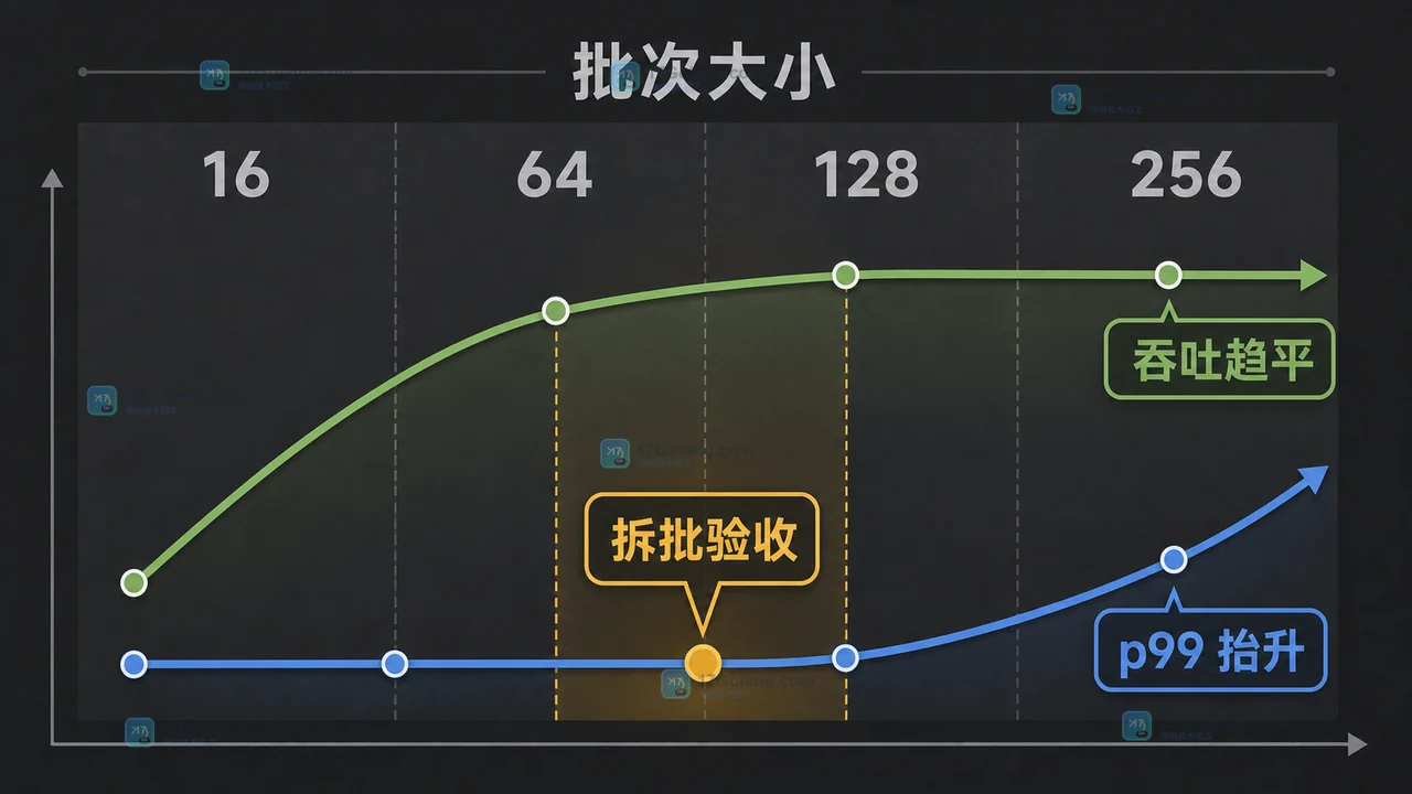 Redis Pipeline 批次从 16 到 256 时吞吐趋平而 p95 p99 抬升的性能对比示意图