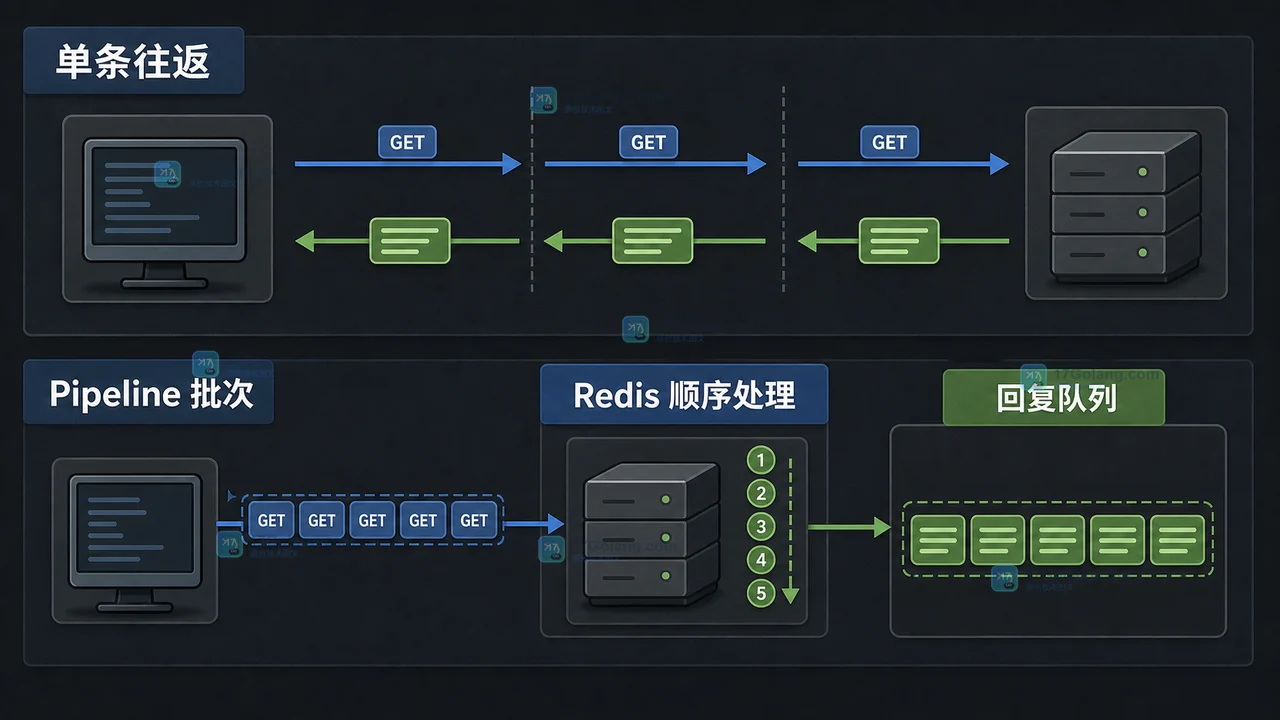 Redis Pipeline 将多次网络往返合并为批量请求,同时在客户端形成回复队列的工程示意图