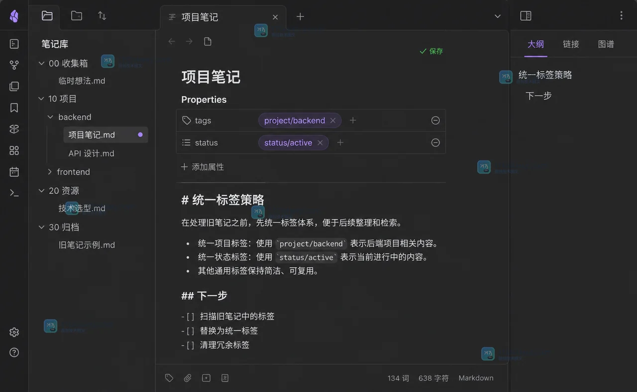 Obsidian 编辑区顶部的 Properties 区域显示 tags 列表，包含 project/backend 和 status/active，并能保存笔记属性