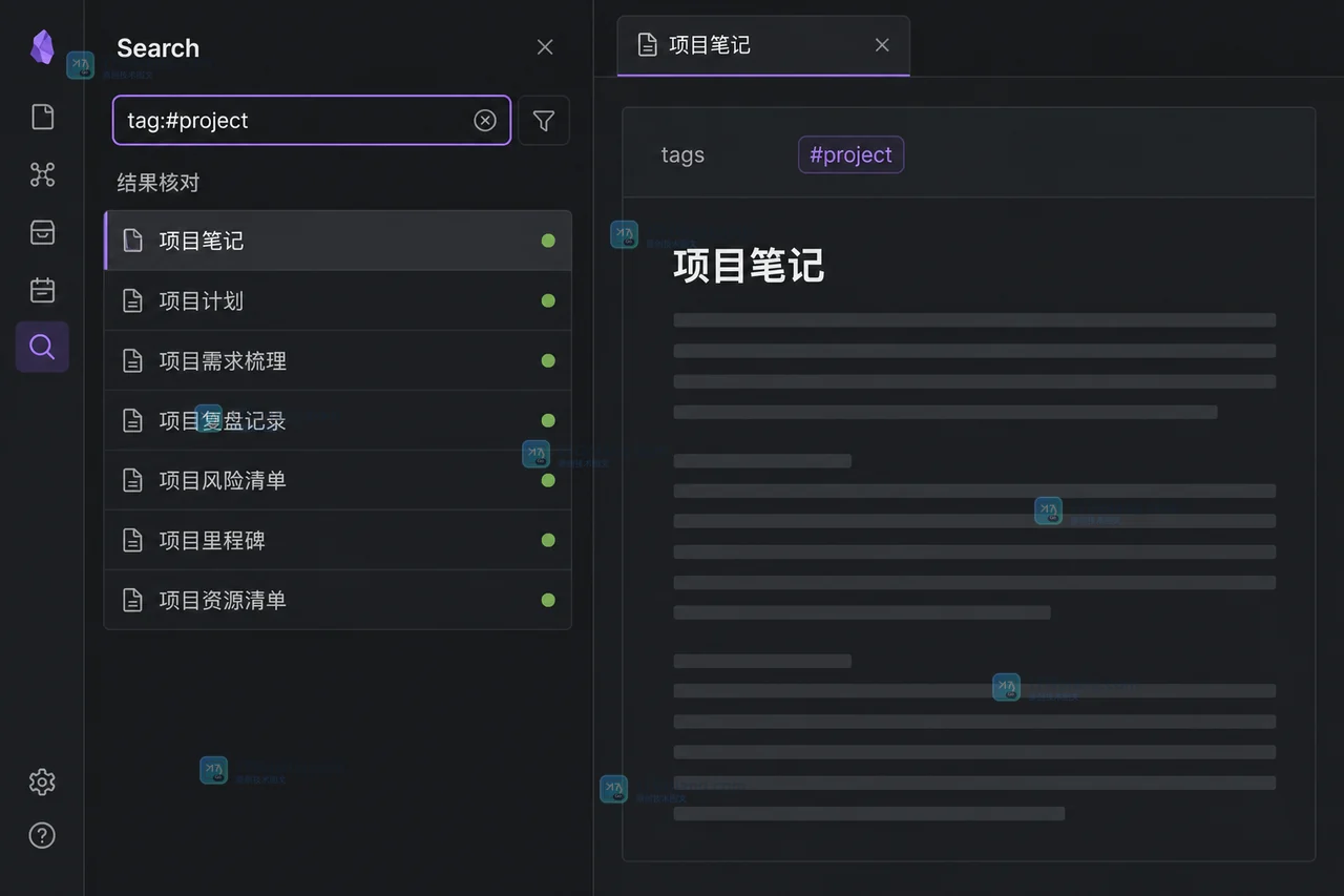 Obsidian Search 面板使用 tag 查询筛选 project 标签，结果列表可继续打开笔记做结果核对