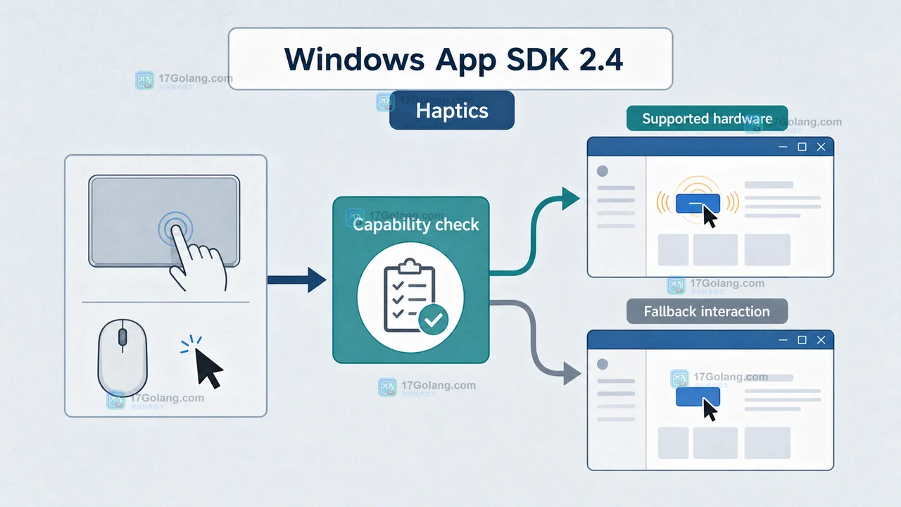Windows App SDK 2.4 触控板触觉从设备能力检测到 WinUI 交互的兼容边界示意图