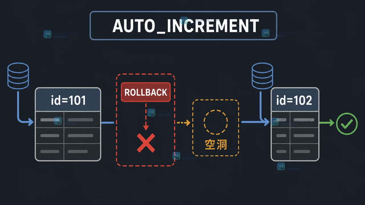 MySQL AUTO_INCREMENT 分配 101 后事务 ROLLBACK，下一次提交得到 102 的主键空洞证据图