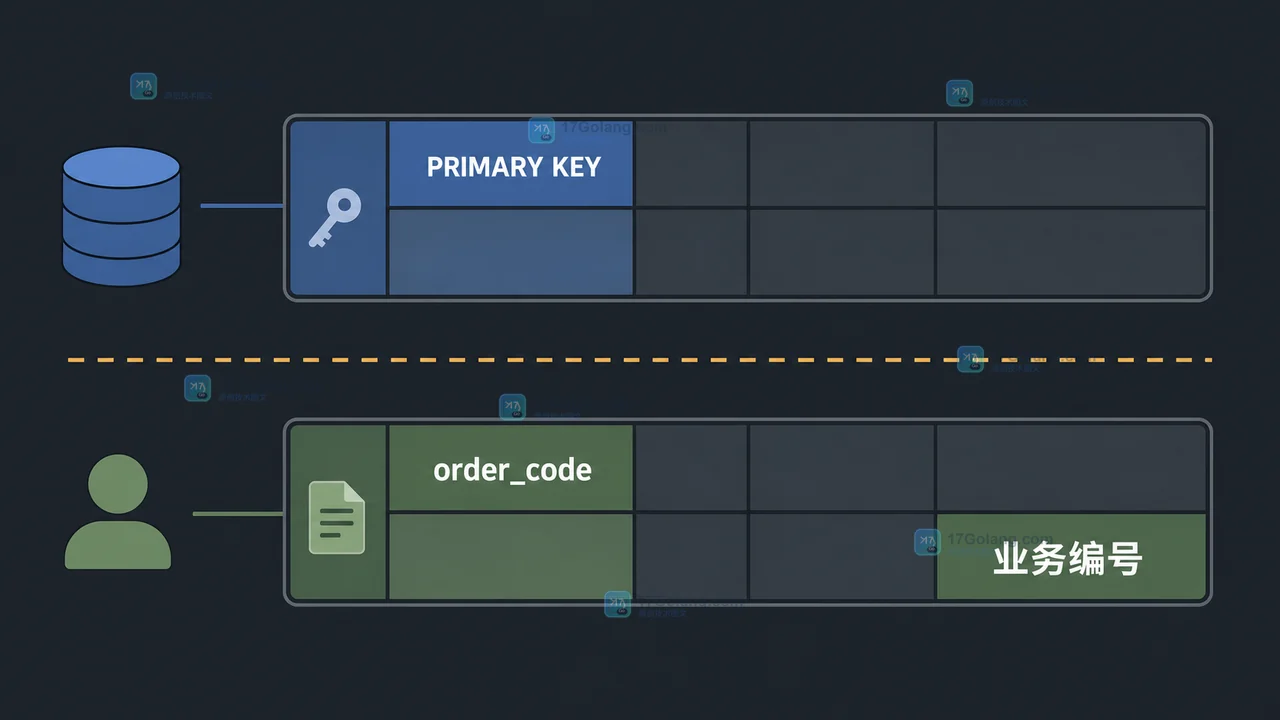 MySQL 主键 PRIMARY KEY 与独立 order_code 业务编号分层的工程证据图