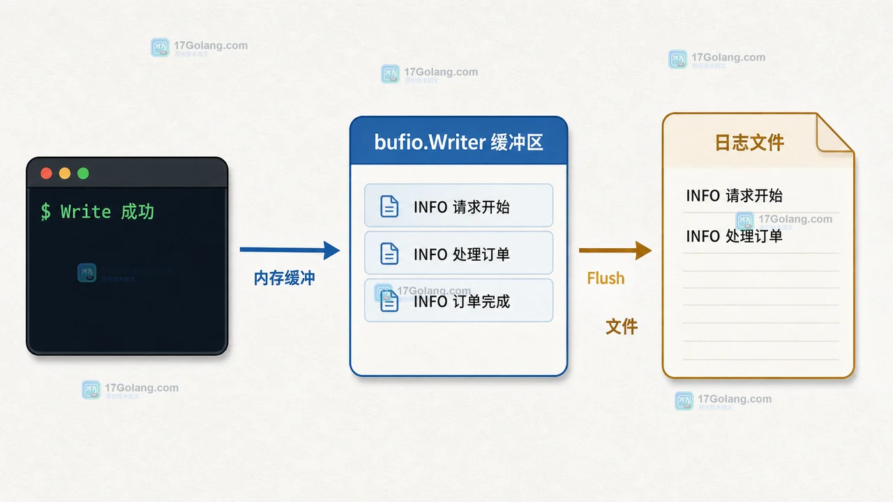 Go 日志从 Writer 缓冲区到文件时的尾部丢失路径示意图