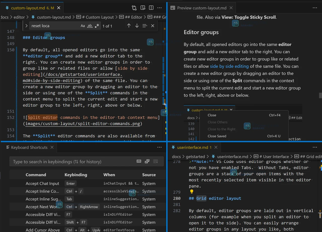Visual Studio Code 编辑器 Grid 2x2 布局展示四个编辑组和可拖动分隔线