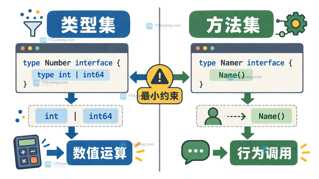 Go 泛型约束设计中类型集与接口方法分开后的调用路径对照图